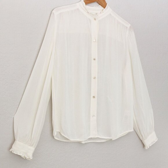 Aritzia Wilfred Ruffle High Neck Button Front Blouse Shirt S Cream Semi Sheer - Picture 13 of 15